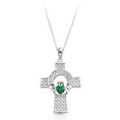 9kt White Gold Claddagh Clear &amp; Green CZ Celtic Cross &amp; Chain image