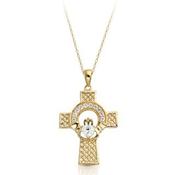 9kt Yellow Gold Claddagh Clear CZ Celtic Cross &amp; Chain image