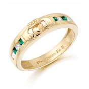 9kt Yellow Gold Claddagh Motif Green &amp; Clear Cubic Zirconia Band  image