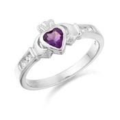 9kt White Gold Ladies Deep Purple Cubic Zirconia Small Claddagh Ring image