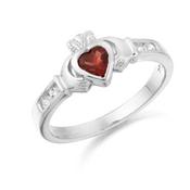 9kt White Gold Ladies Deep Red Cubic Zirconia Small Claddagh Ring image