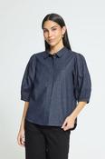 ICHI Borgie Puff Sleeve Denim-Look Shirt - Dark Denim image