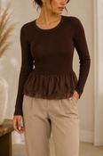 COPE CLOTHING Ribbed Ruffled Long Sleeve Top - Brown image