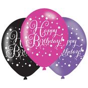Black Pink Purple Happy Birthday Latex Balloons - 6 Pack image