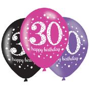 Black Pink Purple 30th Birthday Latex Balloons - 6 Pack image