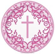 Fancy Pink Cross Pink Paper Plates - 8 Pack image