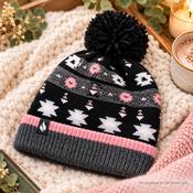 Ladies Thermal Bobble Hat - Black, Pink &amp; Grey Mix image