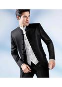 Black Stand Up Collar Suit In A Subtle Pattern With Restrained Shine
