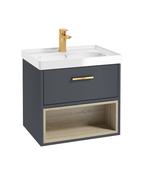 Sonas Malmö 60Cm Single Drawer, Open Shelf Unit, Matt Night Sky Blue, Brushed Gold Handle, Gloss Basin | GMAL60NBGB