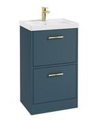 Sonas Finland Floorstanding 50Cm Two Drawer Vanity Unit | Matt Ocean Blue | Brushed Gold Handle | UF0883