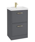 Sonas Finland Floorstanding 50Cm Two Drawer Vanity Unit | Matt Midnight Grey | Brushed Gold Handle | UF0892