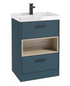 Sonas Malmo Floorstanding 60Cm Two Drawer Vanity Unit | Matt Ocean Blue | Brushed Gold Handle | Gloss Basin | UF0991