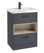 Sonas Malmo Floorstanding 60Cm Two Drawer Vanity Unit | Matt Night Sky Blue | Matt Black Handle | Gloss Basin | UF0996
