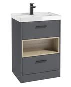 Sonas Malmo Floorstanding 60Cm Two Drawer Vanity Unit | Matt Midnight Grey | Matt Black Handle | Gloss Basin | UF0999
