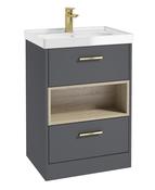 Sonas Malmo Floorstanding 60Cm Two Drawer Vanity Unit | Matt Midnight Grey | Brushed Gold Handle | Gloss Basin | UF1000