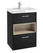 Sonas Malmo Floorstanding 60Cm Two Drawer Vanity Unit | Matt Black | Brushed Chrome Handle | Gloss Basin | UF1004
