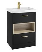 Sonas Malmo Floorstanding 60Cm Two Drawer Vanity Unit | Matt Black | Brushed Gold Handle | Gloss Basin | UF1006