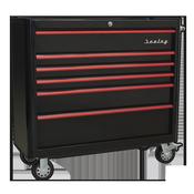 Retro Style Wide Rollcab 6 Drawer - Black with Red Anodised Drawer Pulls