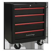Retro Style Rollcab 4 Drawer - Black with Red Anodised Drawer Pulls