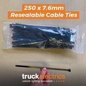 Resealable Cable Ties / 250 x 7.6mm / Pack of 100