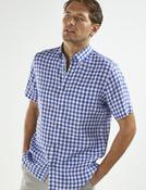 Men's Short Sleeve 100% Linen Button Down Shirt (2105 Blue Gingham) image