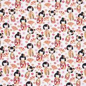 Cotton Poplin Print - Japanese Dolls on White - Per ½ Metre image