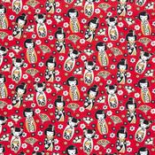 Cotton Poplin Print - Japanese Dolls on Red - Per ½ Metre image