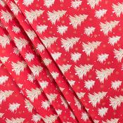 Christmas Canvas (100% Polyester): White Trees on Red - Per ½ Metre