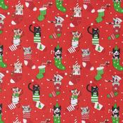 Lightweight Cotton Canvas: Xmas Stocking Cats on Red - Per ½ Metre