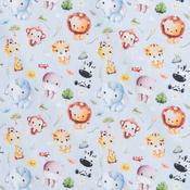 Cotton Poplin Print - Cute Safari Animals on Blue - Per ½ Metre