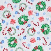 Holiday Road Trip: Candy Canes &amp; Wreaths on White - 100% Cotton