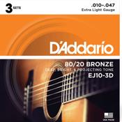 D’Addario EJ10| 80/20 Bronze Acoustic Guitar String set  | Extra Light |  10-47 | 3 Set Value Pack