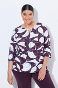 Ulla Popken Keyhole Leaf Print Blouse in Wine
