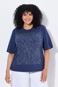 Ulla Popken Rhinestone Leaf T-Shirt in Navy