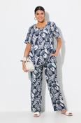 Ulla Popken Wide Leg Trousers in Navy Leaf