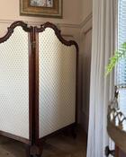 Superb Carved Walnut Upholstered Two Fold Screen On Scroll Legs — Willow Antiques image
